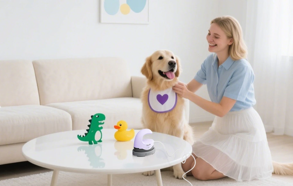 O femeie și un câine care poartă un bavetă violet stau la o masă mică cu o presă termică mică.