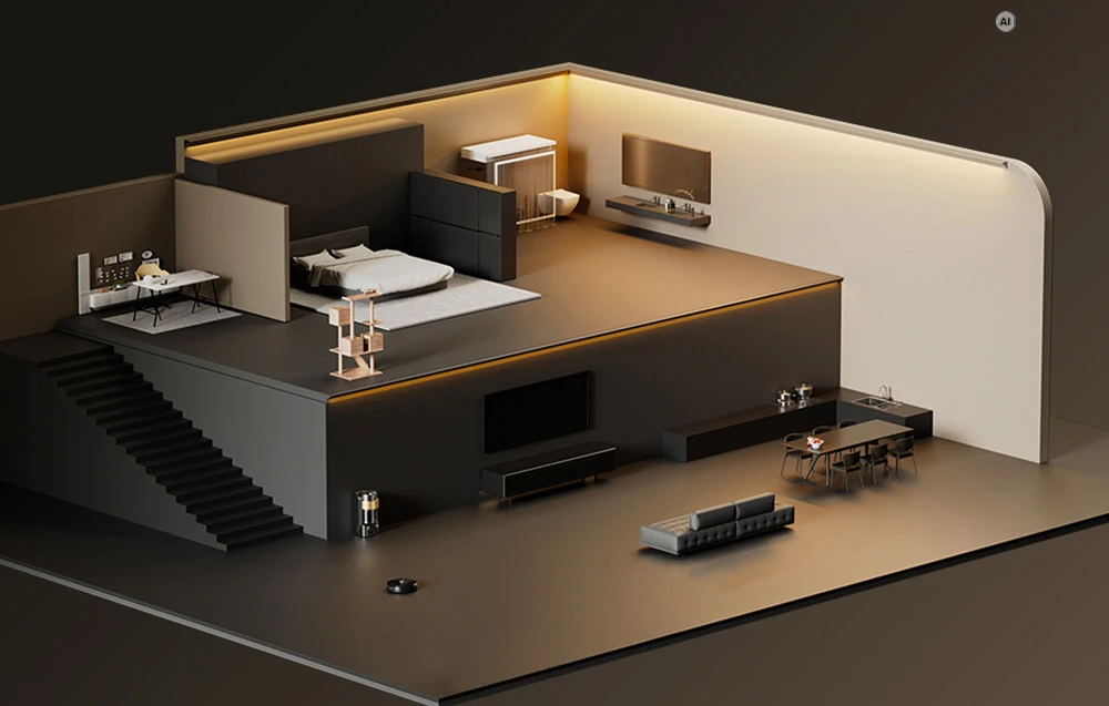 O secțiune transversală 3D a unui apartament pe două niveluri, cu robotul aspirator Proscenic la nivelul inferior