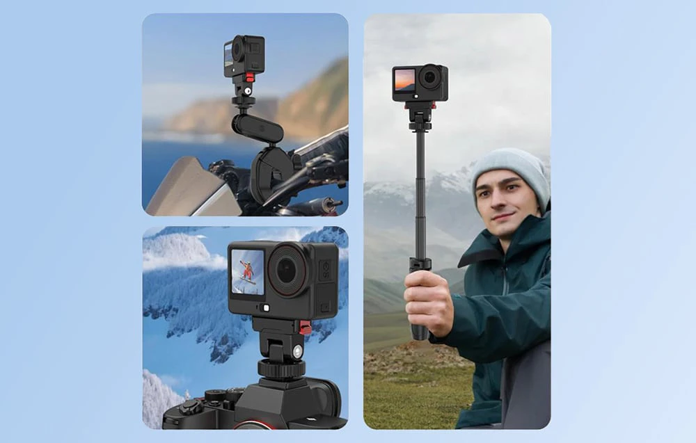 Camera DJI montată pe adaptorul Puluz prezentată în trei scenarii