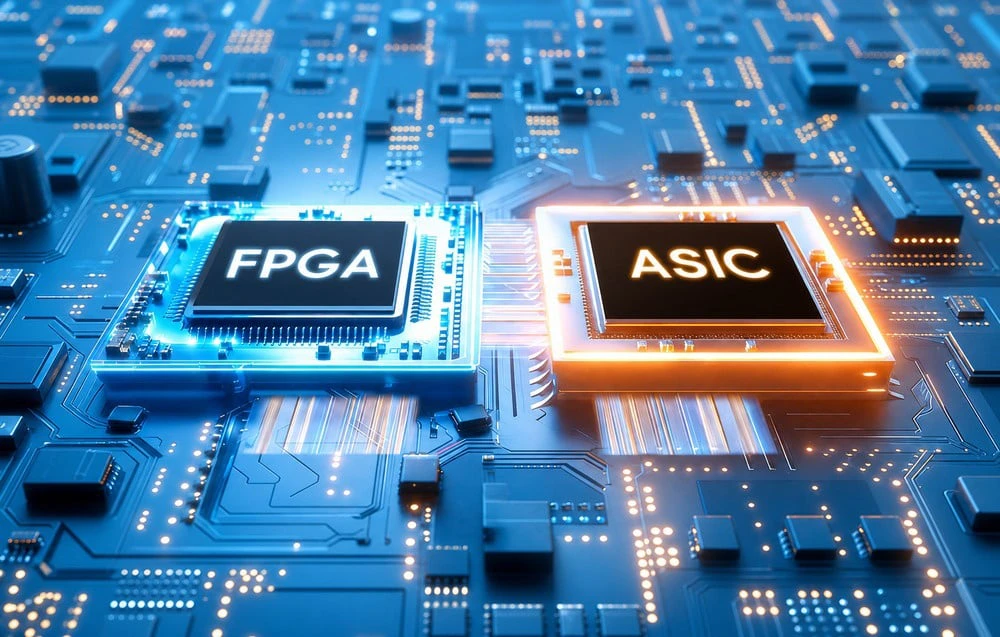 Un prim-plan al unei plăci de circuit imprimat albastre cu două procesoare moderne etichetate FPGA și ASIC.