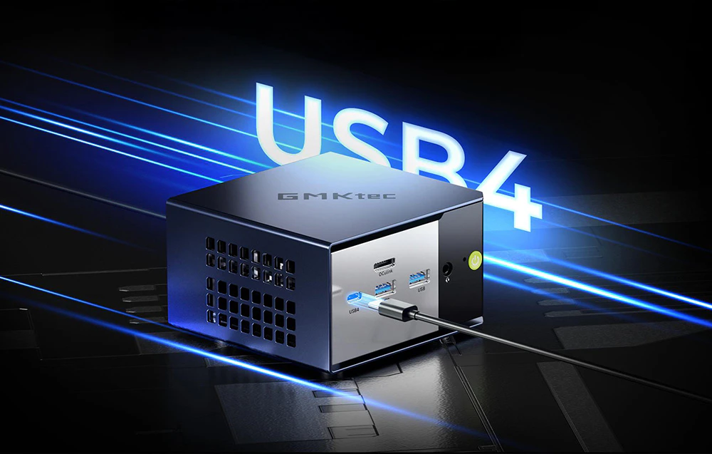 Un computer mic negru cu un cablu conectat la el, cu o etichetă USB4 mare vizibilă în fundal