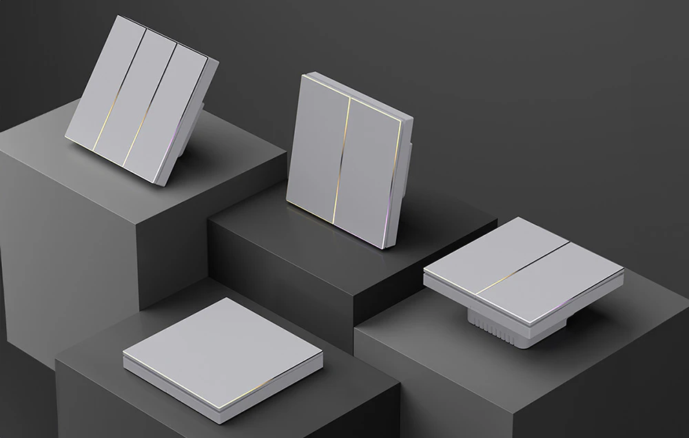 Afișare de comutatoare tactile albe de diferite configurații pe platforme geometrice gri