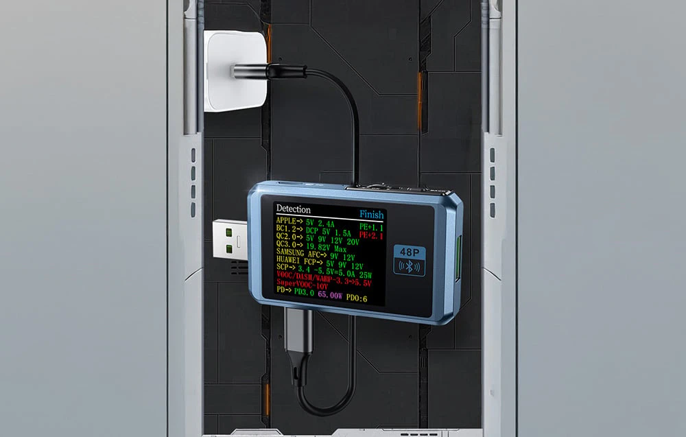 Tester USB conectat la un încărcător de rețea, detectând protocoalele de alimentare