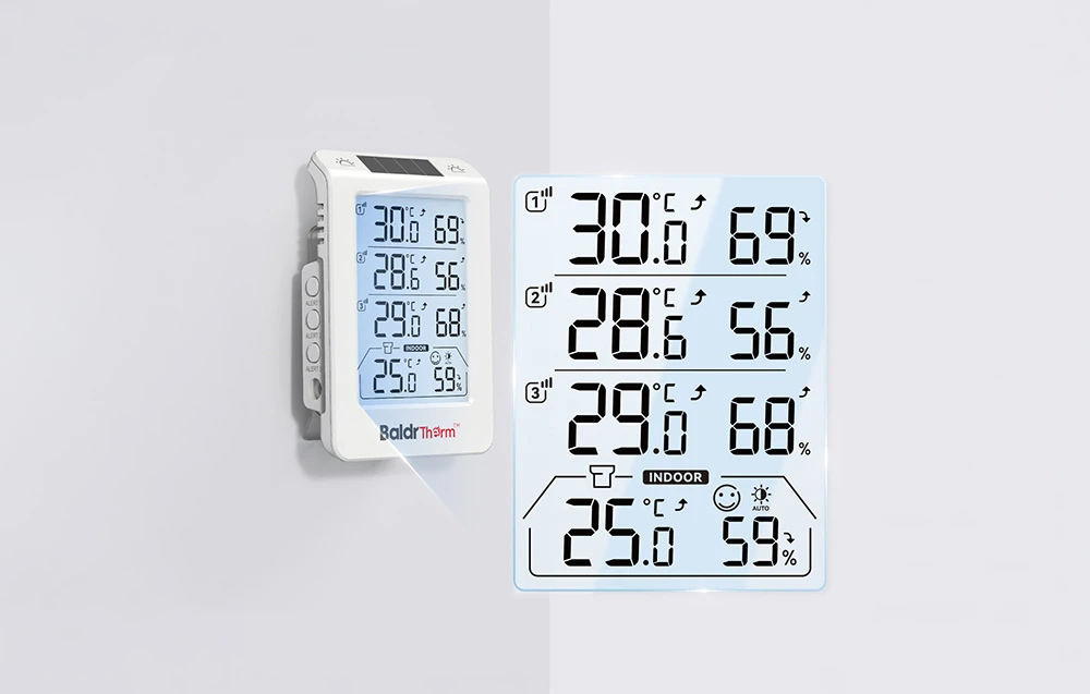 Termohigrometrul BALDRTHERM cu un ecran mare care afișează rezultatele măsurătorilor