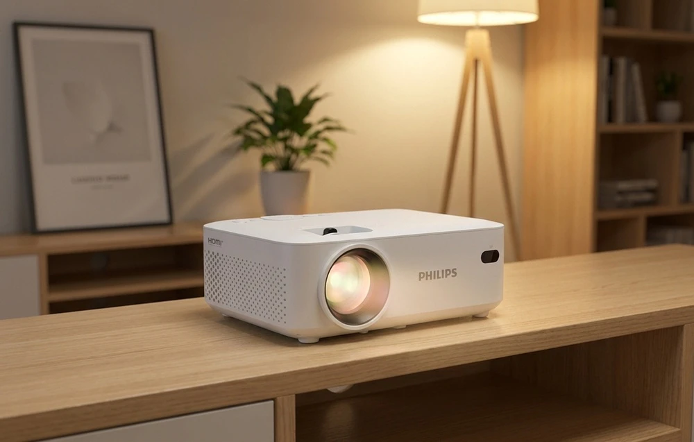Un proiector PHILIPS cu inscripția „HDMI” pe lateral așezat pe o comodă de culoare deschisă într-o cameră confortabilă, cu o lampă și o bibliotecă