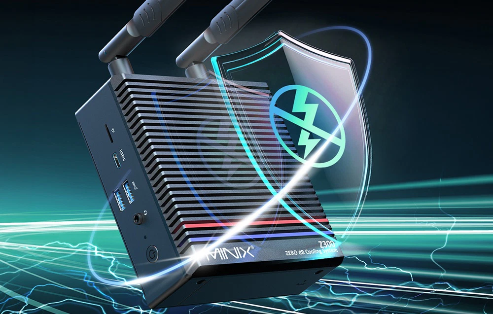 Mini PC Minix negru cu antene și grafică reprezentând un scut protector cu un fulger