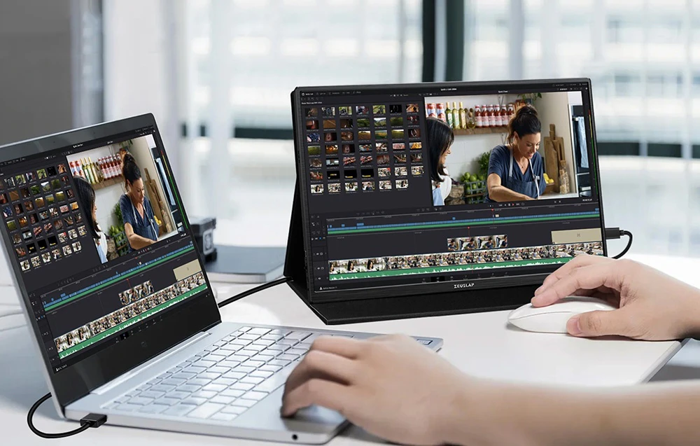 Laptop conectat la un monitor portabil ZEUSLAP folosit ca ecran secundar pentru editare video