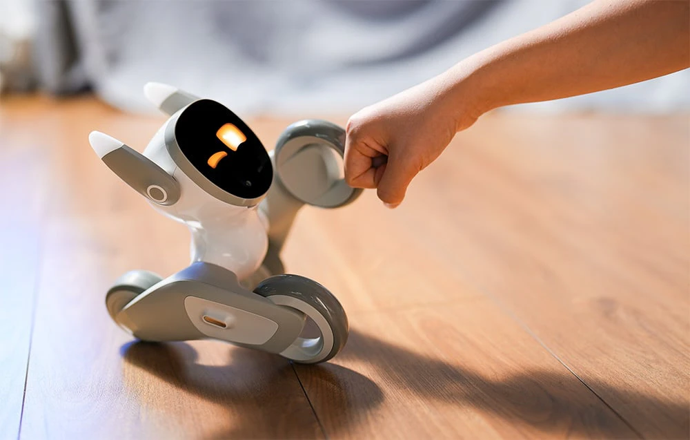 Un copil bate palma cu robotul interactiv Loona