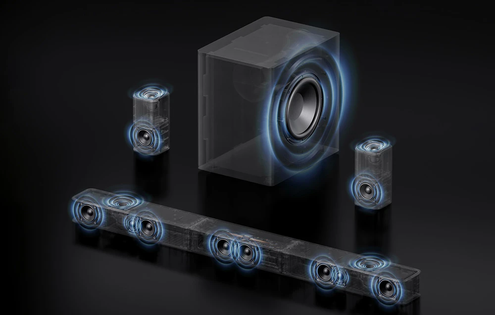 Bară de sunet, subwoofer și 2 difuzoare cu drivere vizibile în interior