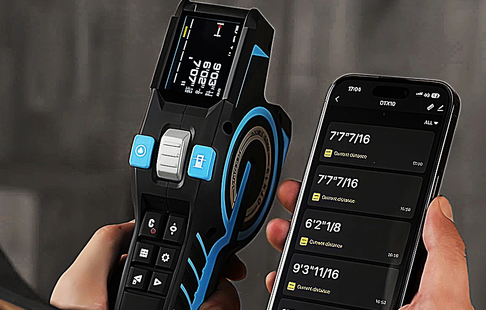 Telemetru conectat wireless la un telefon. O listă a rezultatelor măsurătorilor salvate este vizibilă pe smartphone.
