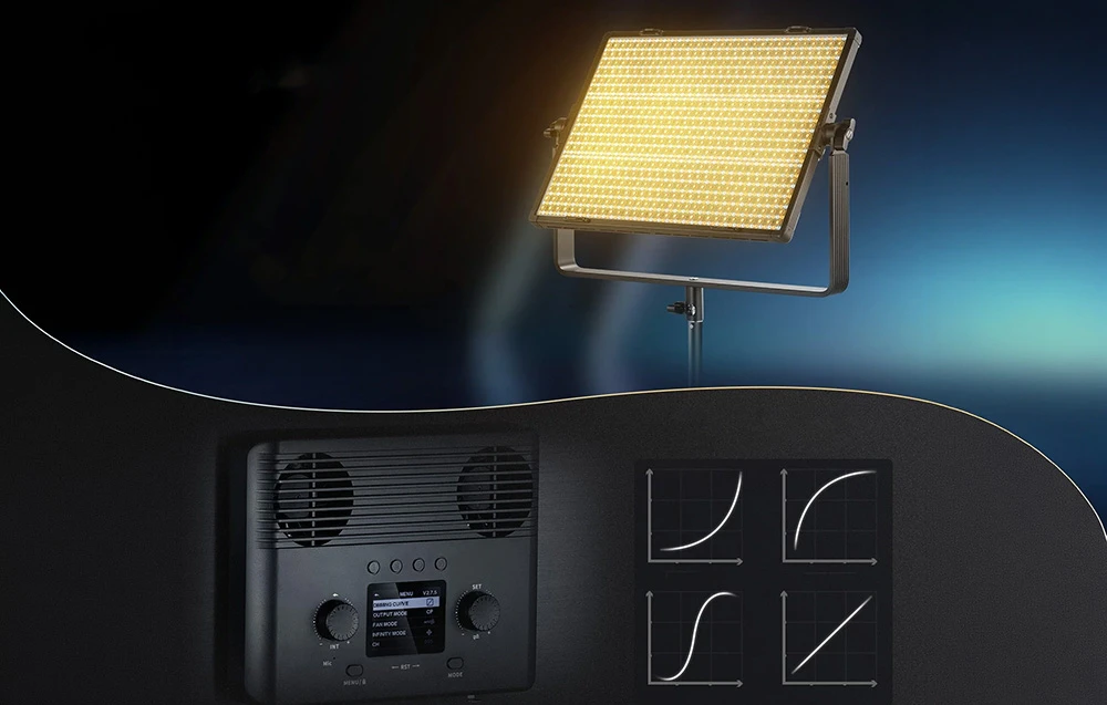 O lampă de studio tip panou pe un trepied și un prim-plan al ecranului de control cu grafice de luminozitate.