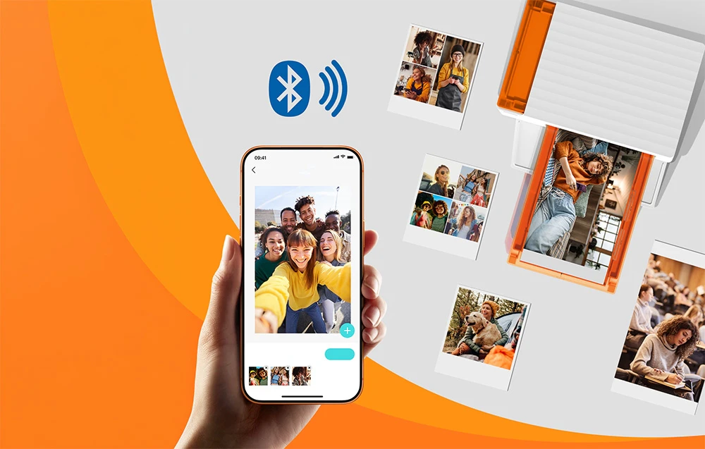 Smartphone cu o aplicație care se conectează prin Bluetooth la o imprimantă portabilă