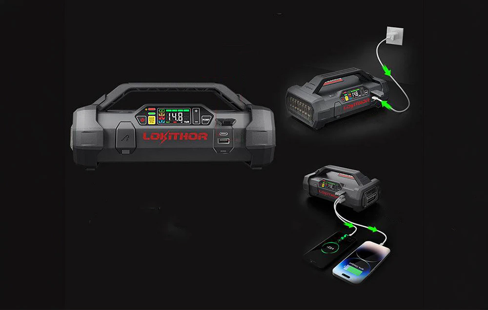 Diagramă care arată dispozitivul încărcându-se de la o priză și alimentând două telefoane.