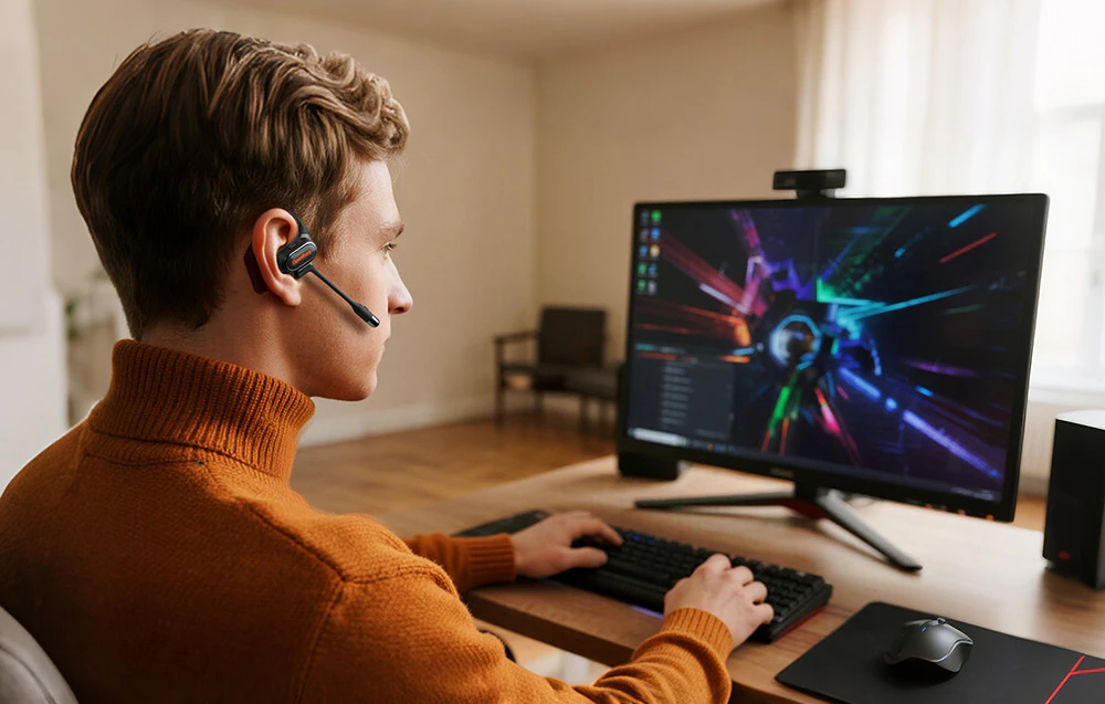 Bărbat care se joacă pe un computer desktop, purtând căști in-ear negre cu microfon pe bandă