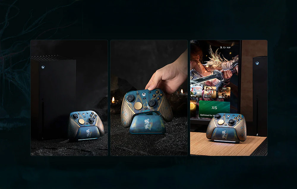 Trei fotografii ale unui controler cu o temă fantastică lângă o consolă Xbox și un ecran de joc