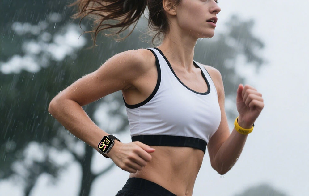 O femeie aleargă în ploaie cu un smartwatch pe încheietura mâinii.