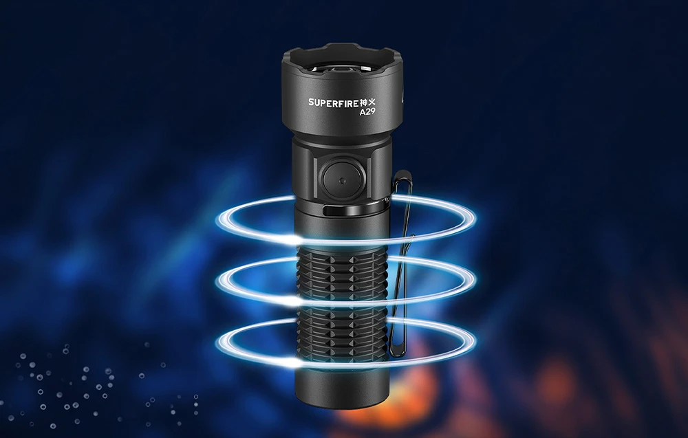 Lanterna LED Superfire A29 cu clemă, înconjurată de inele de lumină pe un fundal întunecat