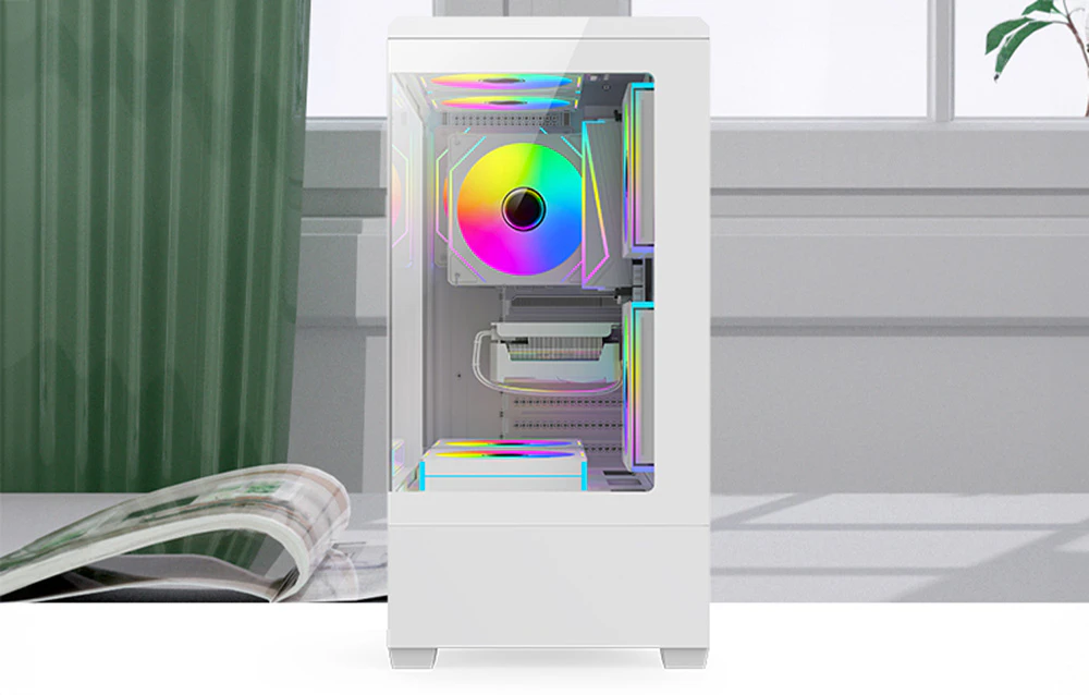Vedere frontală a carcasei pentru PC cu ventilatoare RGB amplasate sub o fereastră