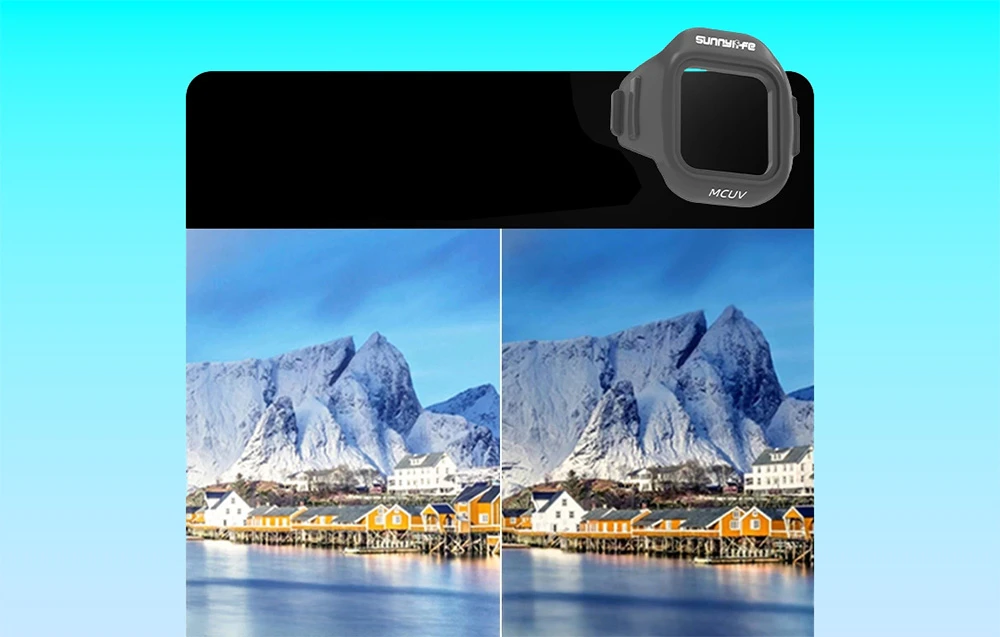 Filtru MCUV Sunnylife cu comparație a fotografiilor unui sat norvegian și a munților cu și fără filtru UV
