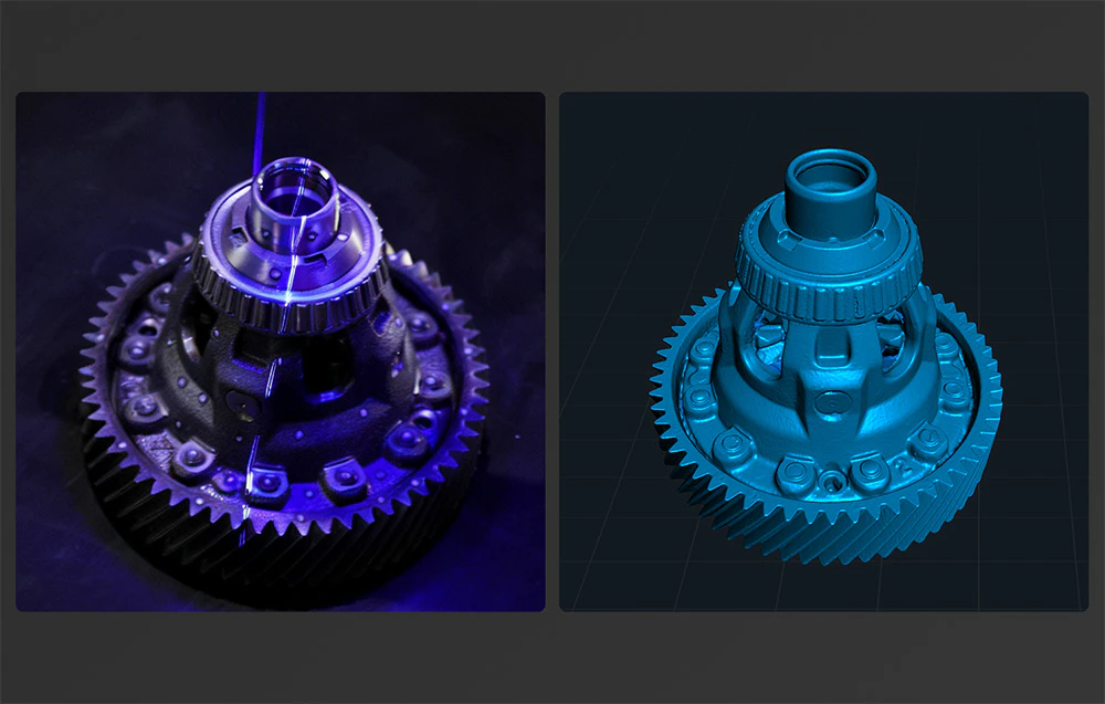 O piesă mecanică scanată cu laser și modelul său digital 3D lângă ea.
