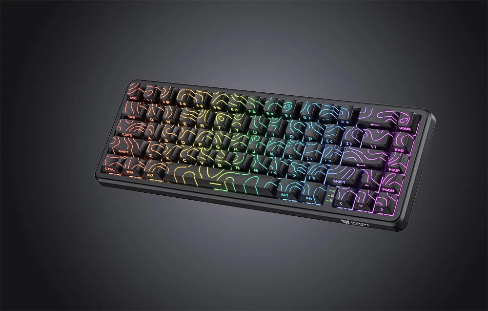 Tastatura neagră cu retroiluminare colorată a tastelor pe fundal gri