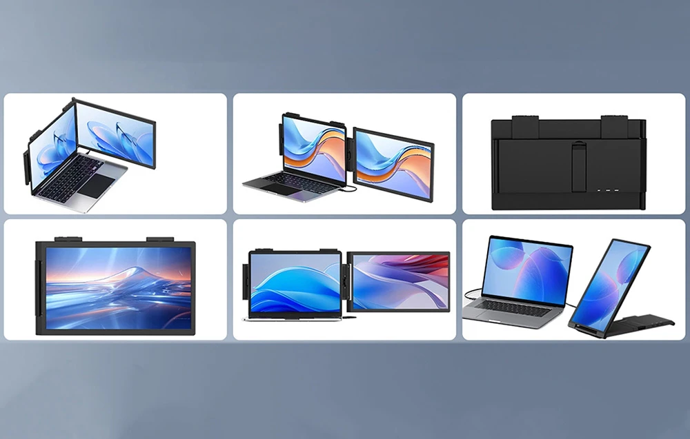 Un set de imagini care arată diverse moduri de montare și utilizare a monitorului pliabil cu un laptop