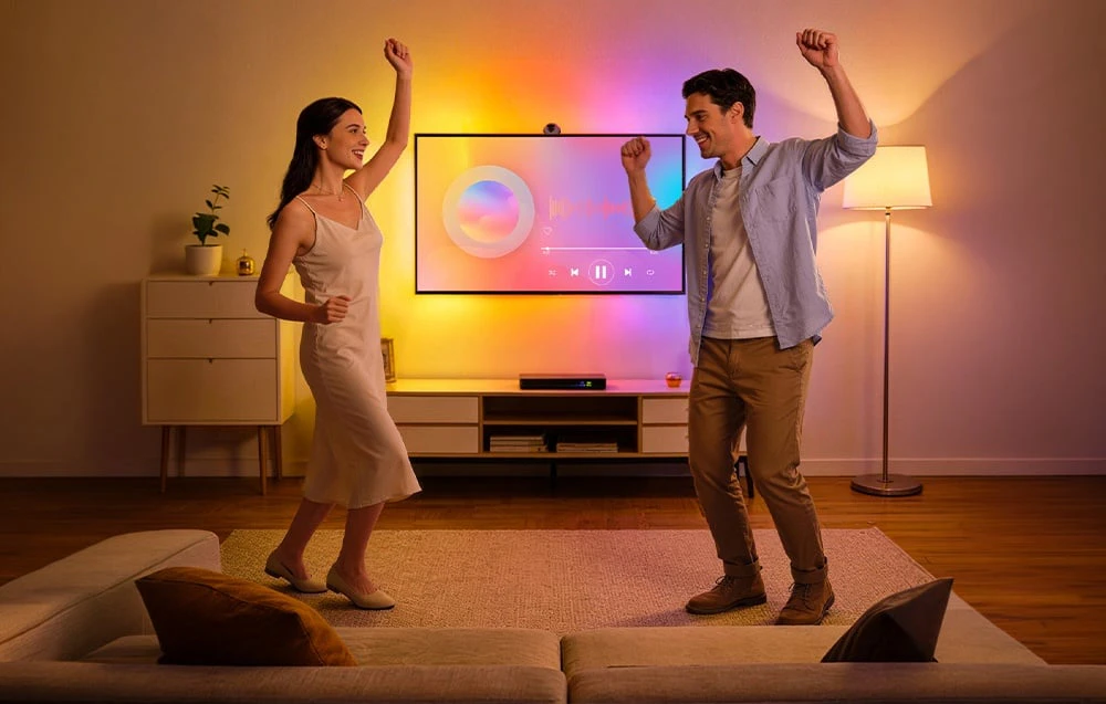 Un cuplu zâmbitor dansează în sufragerie cu televizorul pornit; camera este iluminată cu lumini colorate