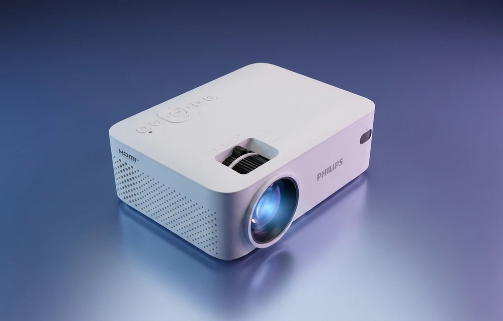 Un proiector PHILIPS văzut de sus, cu butoane de control vizibile și cuvântul „HDMI” pe lateral