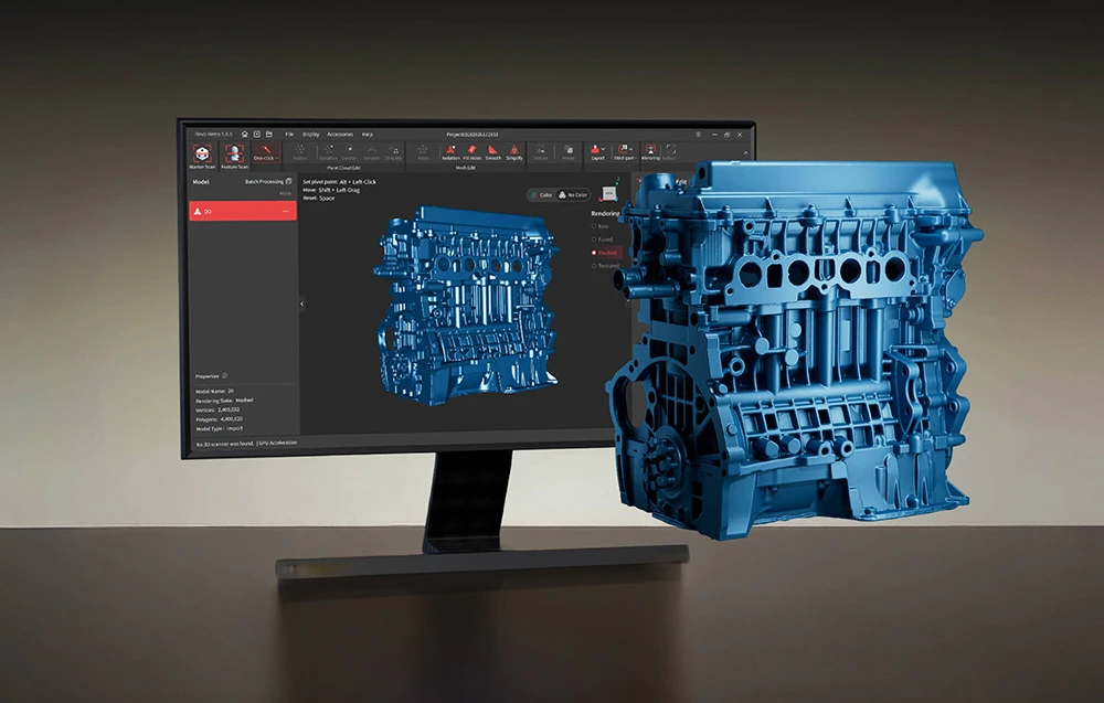 Monitor cu software-ul pornit și un model 3D afișat