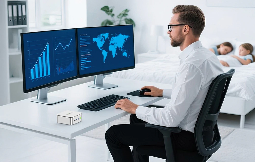 Un bărbat lucrează în fața unui computer. Monitoarele afișează grafice și o hartă.