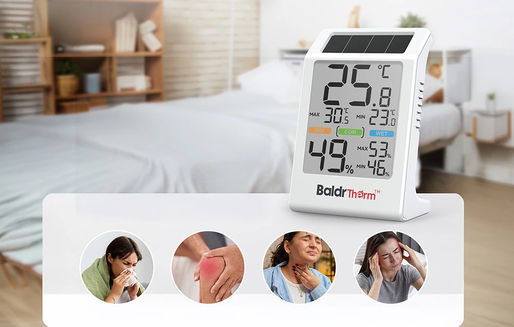 Termo-higrometrul Rainpoint BALDRTHERM, cu un dormitor luminos în fundal