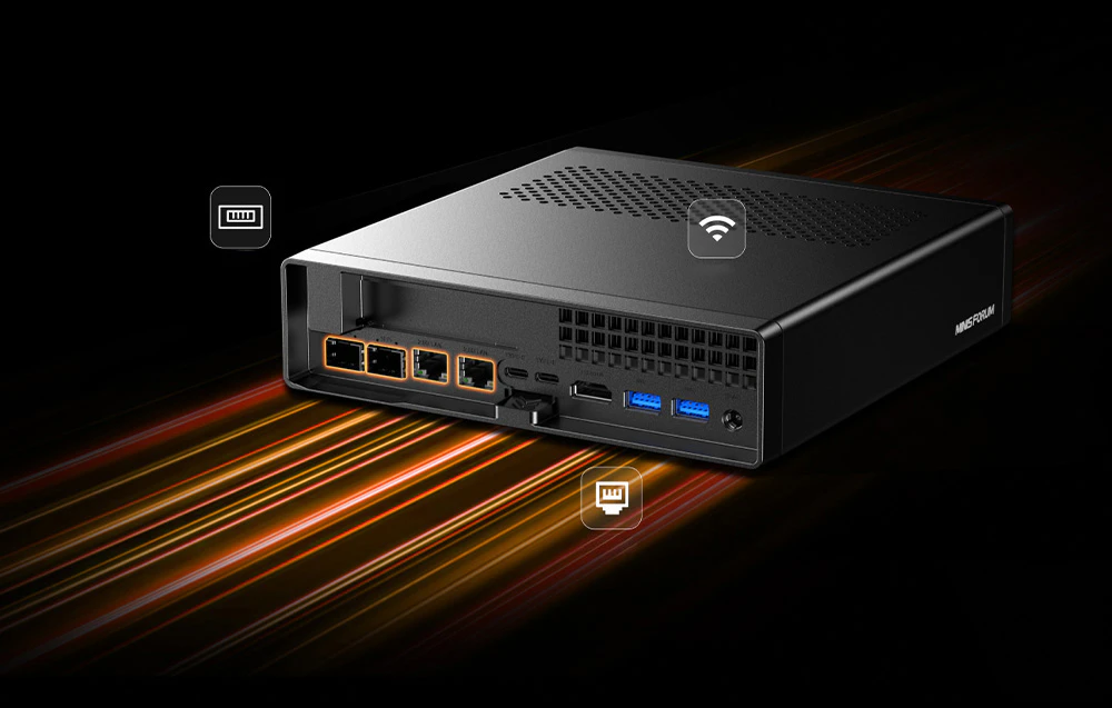 Computer compact negru cu porturi pe fundal întunecat
