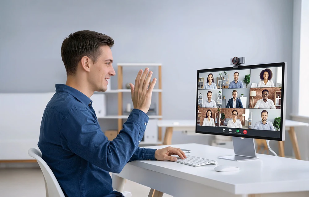 Un bărbat la un birou care salută cu mâna participanții la o videoconferință afișată pe un monitor cu o cameră EMEET