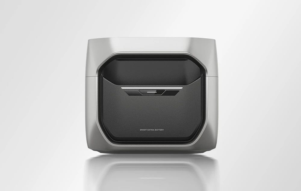 Modul de baterii EcoFlow Smart Extra cu carcasă gri, vedere din față.