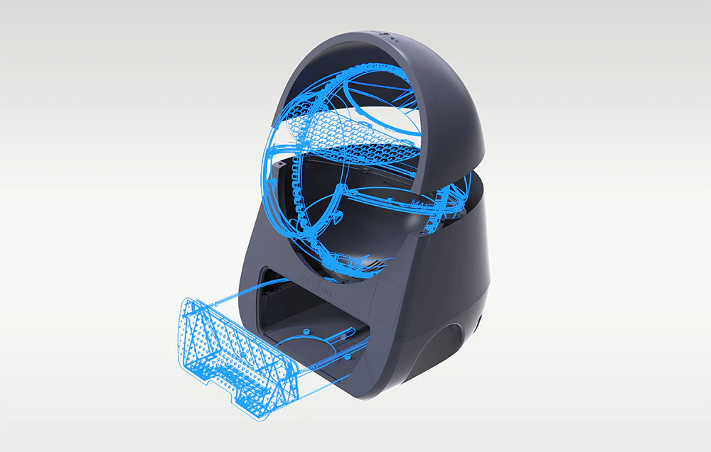 O diagramă schematică 3D care prezintă structura internă și componentele cutiei de nisip CatLink