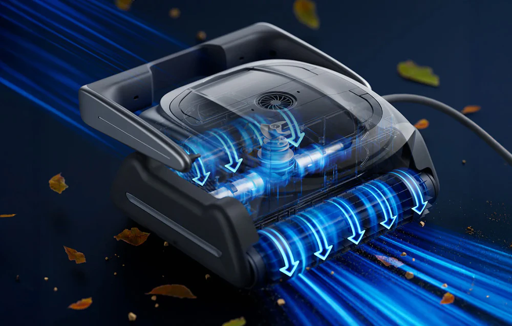 Robotul pentru piscină prezentat cu motoarele interne și camerele de filtrare iluminate în albastru în secțiune transversală