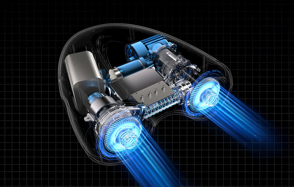 Vizualizare a interiorului pompei Flextail Evo SUP Pump Pro cu motoarele și sistemul de pompare.