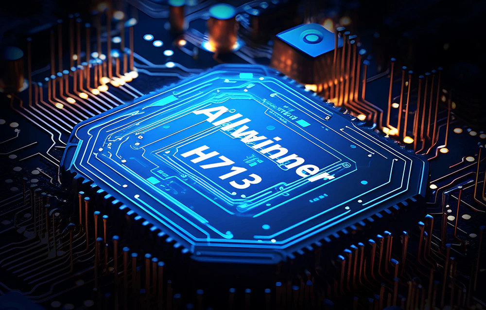 O placă de procesor albastră cu inscripția „Allwinner H713”.