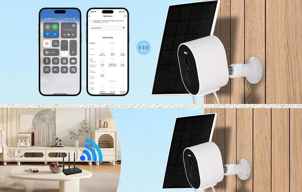 Diagrama care arată cum se conectează camera solară la un smartphone prin Bluetooth și la un router Wi-Fi din sufragerie