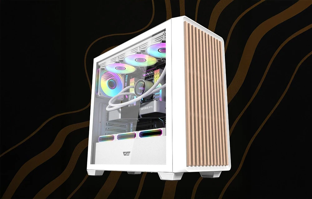 Carcasă albă de computer cu ventilatoare pe fundal închis
