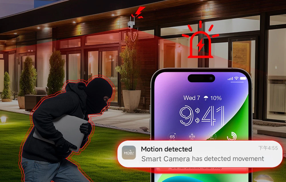 O siluetă care se furișează prin grădină noaptea și un smartphone care afișează notificarea „Mișcare detectată: Camera inteligentă a detectat mișcare”