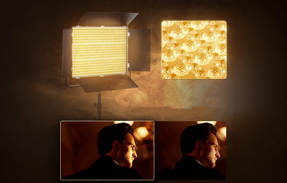 Un panou luminos care emite lumină caldă și un prim-plan al becurilor mici dispuse dens.