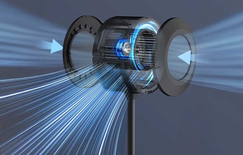 Secțiune transversală a ventilatorului cu iluminare albastră și jeturi de aer
