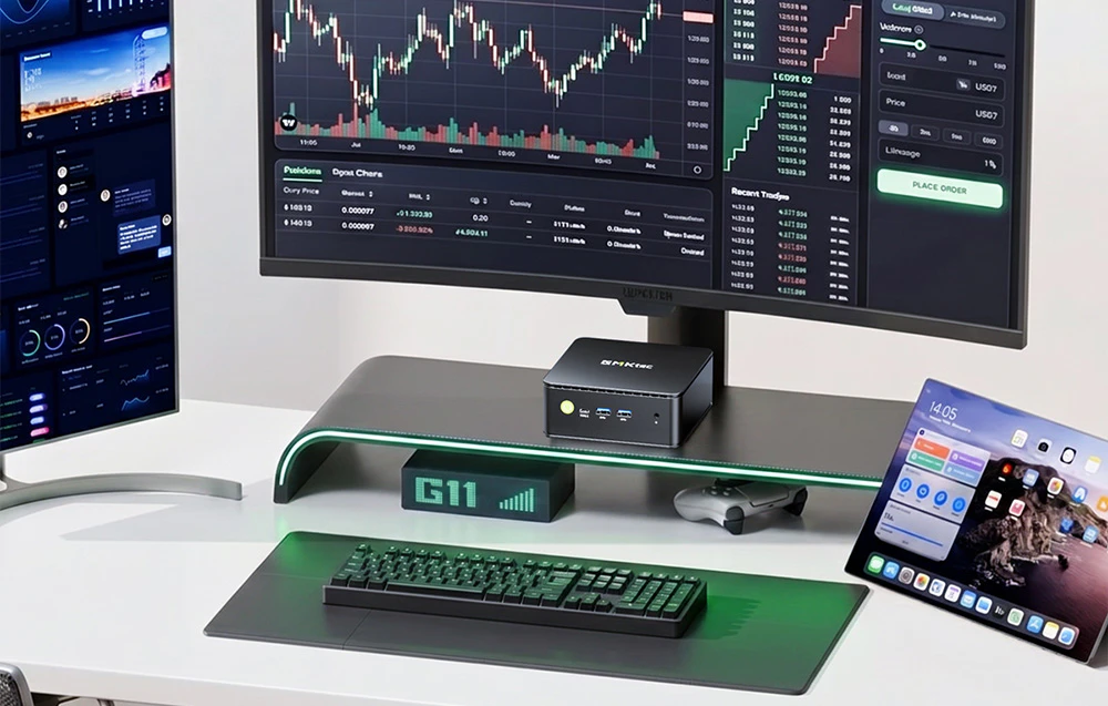 O stație de lucru cu mini PC-ul GMKtec G11, monitoare, o tastatură și o tabletă.