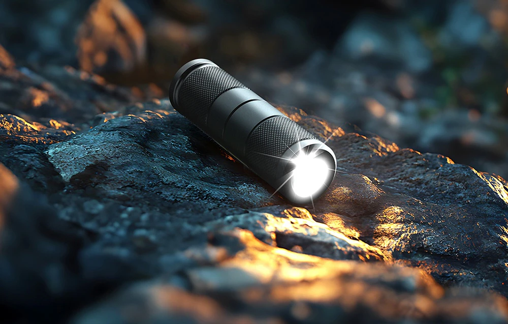 Lanterna LED Superfire aprinsă, luminând puternic stâncile