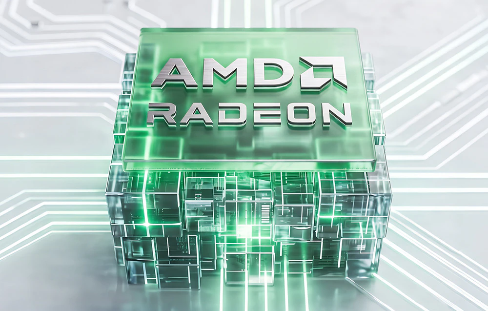 O imagine cu logo-ul AMD Radeon pe un fundal futurist care seamănă cu un circuit electronic.