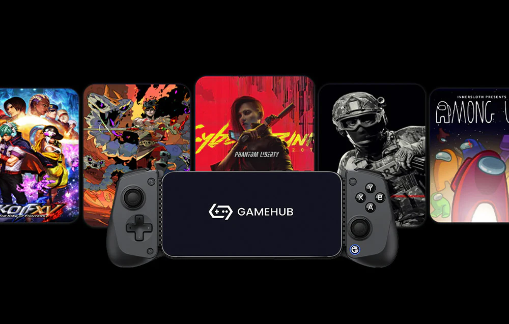 Consolă cu inscripția GAMEHUB pe ecran, vizibilă pe un fundal cu grafica a cinci jocuri video, inclusiv Among Us și Cyberpunk 2077
