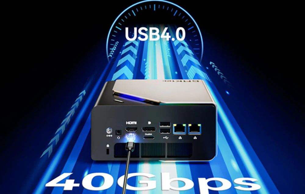 Mini PC GMKtec și inscripții albe USB4.0 și 40 Gbps.