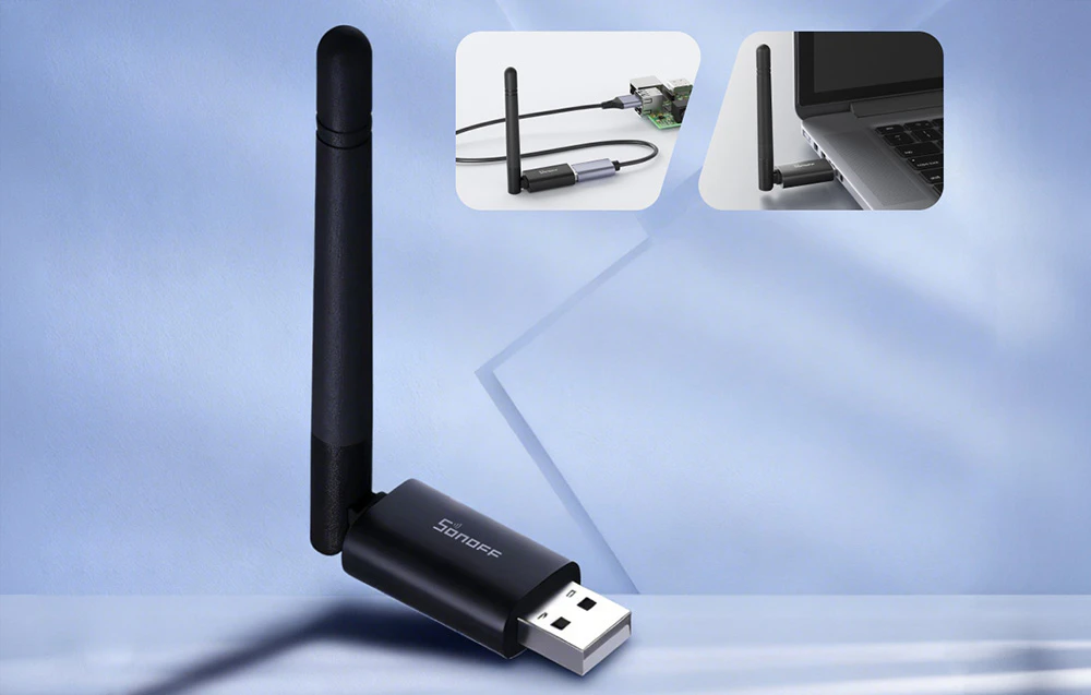 Adaptor USB Sonoff cu antenă, cu miniaturi suplimentare care arată conectarea la Raspberry Pi și la computerul laptop