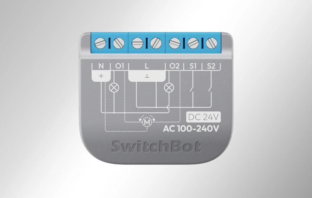 Modul SwitchBot Relay Switch 2PM cu diagramă de cablare, conectori cu șurub și marcaje AC 100-240V